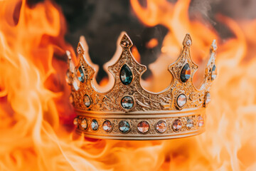 Golden crown encrusted with colorful gemstones is surrounded by intense flames, creating dramatic and powerful scene. intricate design and vibrant colors of crown stand out against fiery