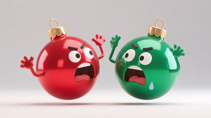 A humorous  scene showing glossy Christmas baubles with anthropomorphic expressions dramatically interacting and squabbling in a clean minimalist setting
