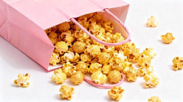 A bright pink shopping bag overflowing with fluffy popcorn arranged casually against a clean white background in a minimalist composition
- Powered by Adobe