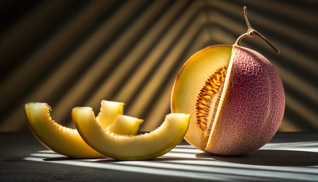 Melone: Frisch halbierte und geschnittene Melone mit saftigem Fruchtfleisch und Samen in dramatischer Beleuchtung