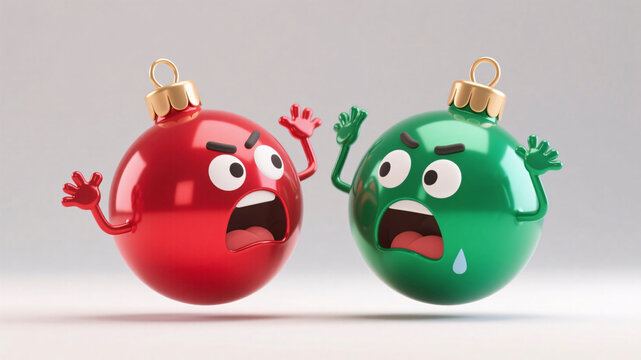 A humorous  scene showing glossy Christmas baubles with anthropomorphic expressions dramatically interacting and squabbling in a clean minimalist setting

