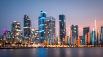 Cityscape Data Analysis: A blurred city skyline transforms into a visual representation of economic success, where data bars illustrate growth and prosperity amidst the urban landscape.
