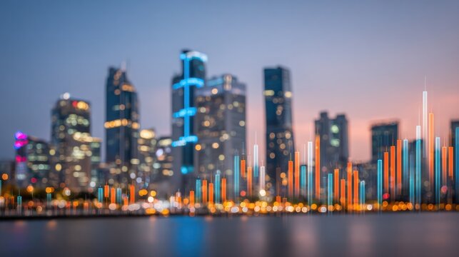 Cityscape Data Analysis: A blurred city skyline transforms into a visual representation of economic success, where data bars illustrate growth and prosperity amidst the urban landscape. - Powered by Adobe