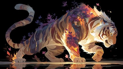 Fantasy-style flaming tiger in motion, half engulfed in fire, glowing brightly against dark backdrop 