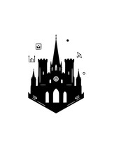 Fototapeta premium Gothic Crest City Landmark Silhouette: Modern Heritage Branding Badge Vector