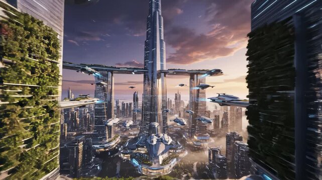 Spaceships Fly Through Futuristic City at Sunset