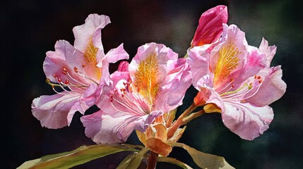 Close-up of blooming pink rhododendron flowers with natural lighting