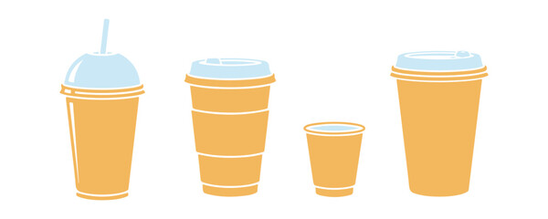 Collection of disposable coffee cups. A variety of paper cup types. Simple vector flat icons on a white backdrop.