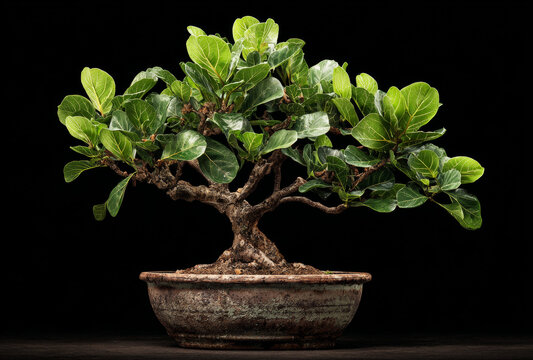 Potted bonsai fig tree with vibrant green leaves and textured twisted trunk in rustic ceramic container against dark background
