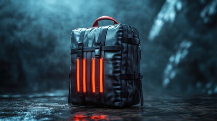 A sleek, black backpack adorned with striking red stripes, showcasing a perfect blend of modern design and functionality for urban dwellers seeking style and practicality.