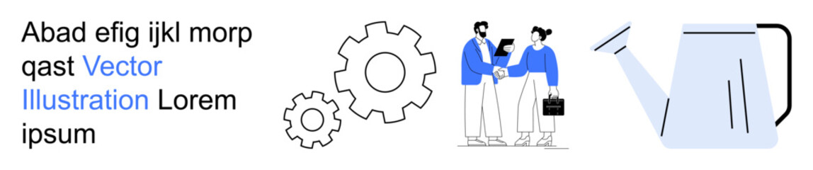 Fototapeta na wymiar Collaboration, teamwork, growth, business development, partnership, productivity. Two professionals shaking hands, a watering can gears. Collaboration and growth concepts visually