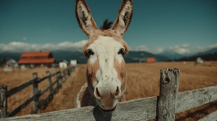 Farm donkey on countryside trail, peaceful agricultural scene under bright daylight  