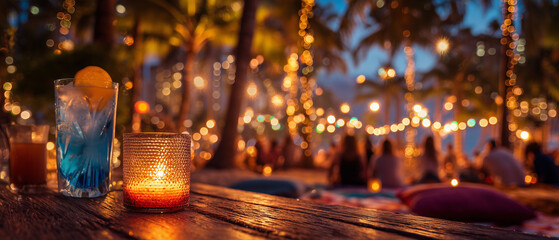 exotic drinks and a burning candle on wooden table outside in beach bar with blurred people silhouette during carols by candlelight; concept of australian christmas traditional celebrating