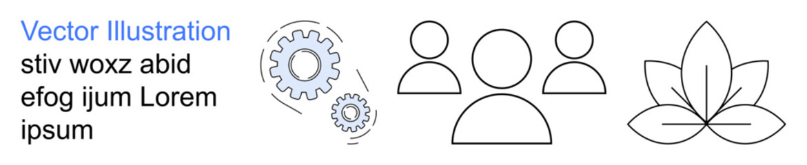 Team collaboration, personal growth, wellness, nature, innovation, productivity. Minimalist icons showing gears, a group of people and a leaf design. Team collaboration and personal growth