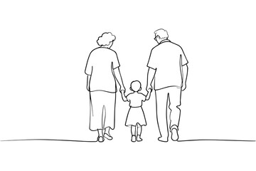 Minimal one line grandparents and granddaughter holding hands illustration for intergenerational family concept