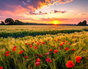 Fototapeta premium Golden hour illuminates a field of poppies and wheat