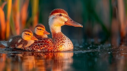 Female mallard duck swimming with ducklings on calm lake water in Danube Delta, Romania, natural wildlife scene  
