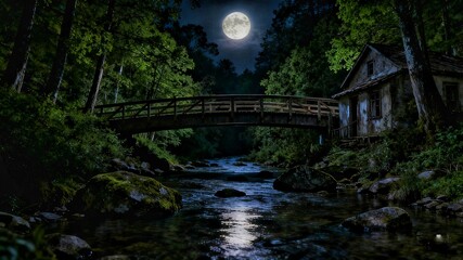 Forest river flow under the bridge with moonlight 