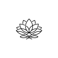 Obraz premium Minimalist black outline icon of a serene lotus flower, symbolizing purity, peace, and spiritual growth, perfect for wellness designs. isolated on transparent background