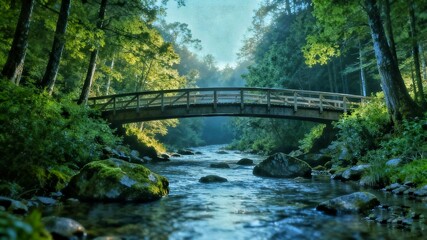 River water stream in forest with green leaves under the wooden bridge