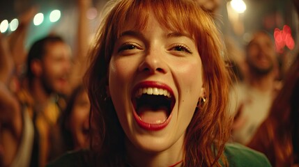 Ginger haired woman screaming in excitement or celebration