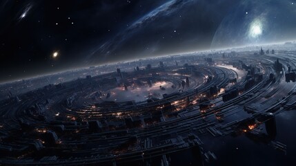 Fototapeta premium Vast Ringed Habitation Structure Orbiting a Distant Star in Deep Space
