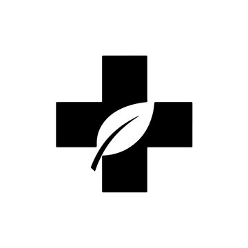 Black medical cross icon with white leaf, symbolizing natural health, organic medicine, herbal remedies, and eco-friendly wellness. isolated on transparent background