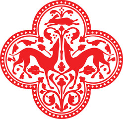 Red medieval heraldic design with dogs and hare
