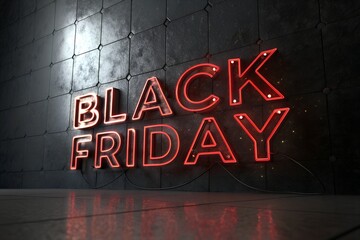 Red Neon Style 'BLACK FRIDAY' Sign on Dark Industrial Tiled Wall Background