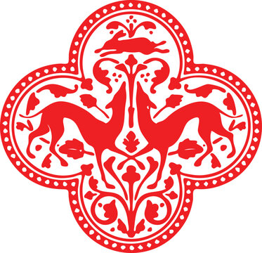 Red medieval heraldic design with dogs and hare
