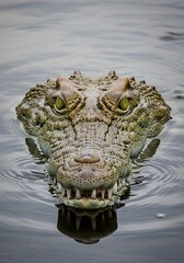 Close-up of a Crocodiles Head Emerging from the Water.