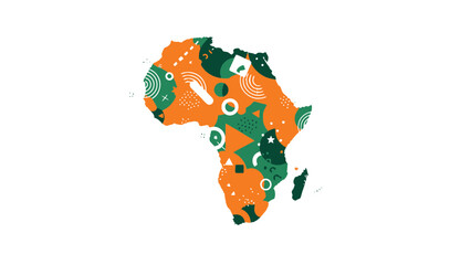 Vibrant abstract illustration of the continent of africa filled with a playful pattern of geometric shapes and organic motifs in orange and green against a clean white background