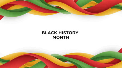 Celebrate black history month with vibrant red green and yellow wavy ribbons framing the text black history month on a clean white background