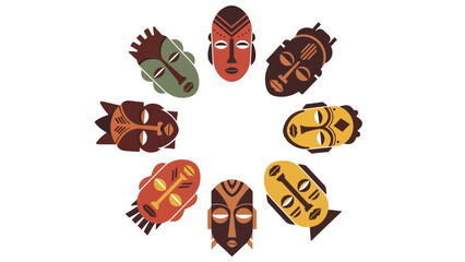 A vibrant circular arrangement of diverse african tribal masks in warm earthy tones and green symbolizing culture heritage and tradition on a clean white background
