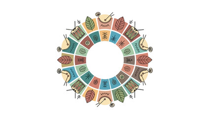 Circular design featuring tribal drums leaves and abstract symbols in a warm earthy color palette on a white background perfect for cultural or festive themes