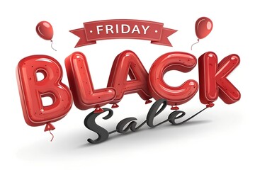 3D Render of Red Bubble Balloon Letters 'BLACK' with 'Friday' Ribbon and 'Sale' Script on White Background