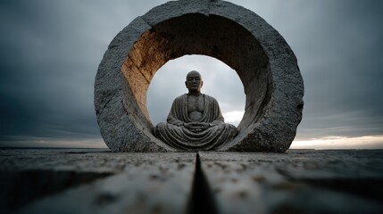 A beautifully crafted Buddha statue enveloped by a stone circle, embodying tranquility and balance, inviting a moment of reflection and connection to spirituality in art form.