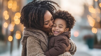 A joyful moment captured between a mother and her child in winter, filled with warmth and love, surrounded by softly glowing lights that enhance the magical atmosphere of the scene.