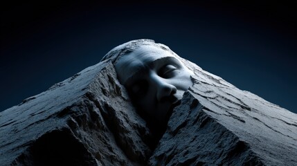 An artistic stone sculpture of a face appears half-embedded in mountain rock, conveying themes of struggle and tranquility while showcasing the beauty of stone artistry.
