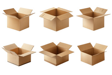 Fototapeta premium Six empty corrugated cardboard boxes with open flaps, arranged for shipping, moving, or storage needs. isolated on transparent background