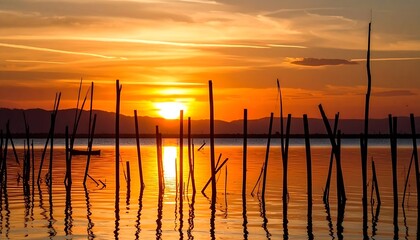Sunset over a still lake with weathered posts