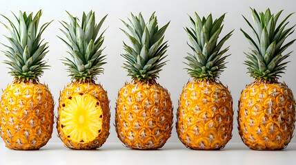 Fresh pineapples arranged in row on white background, showcasing vibrant colors and textures