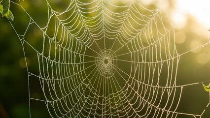 Intricate Spiderweb Adorned with Dew Drops Glistening in Morning Sunlight.