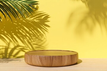 Professional podium for product display on wooden table with tropical background