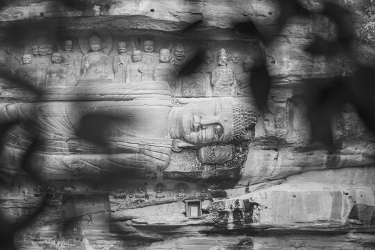 Serene Face of Giant Reclining Buddha Close Up Detail at Anyue Grottoes Sichuan China