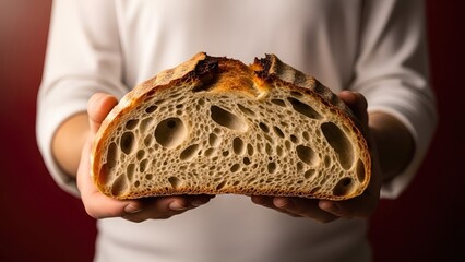 Baker's Hands Presenting a Freshly Baked Sourdough Bread Loaf with Open Crumb Texture