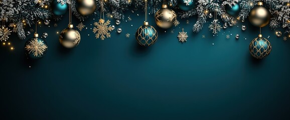 stylish christmas background with hanging ornaments and snowflakes on a dark blue-green color, elegant social media banners, festive web design elements, or promotional materials, wide banner