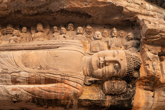 Giant Reclining Buddha Parinirvana Statue Carved into Cliff at Anyue Grottoes Sichuan China