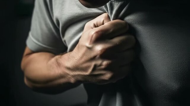 A man clutching his chest in pain, suffering from a heart attack or anxiety attack, concept of sudden illness and health problem
