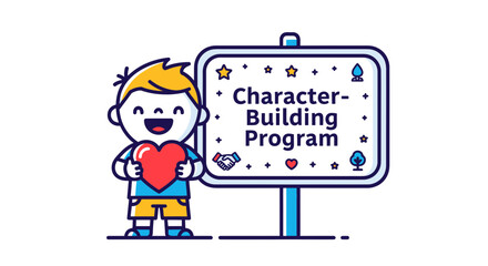Joyful Boy Embraces Heart Symbol Next To Character Development Program Sign
